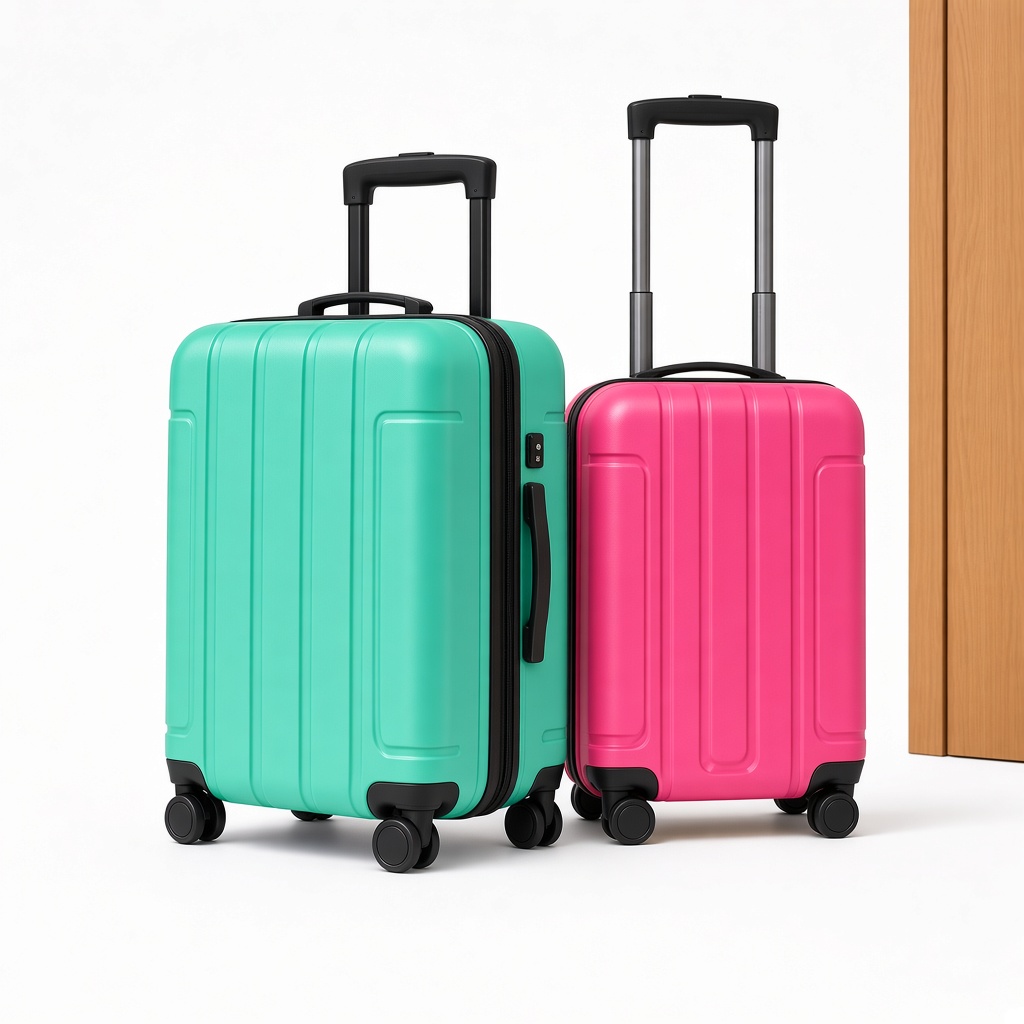 A green suitcase and a pink suitcase.